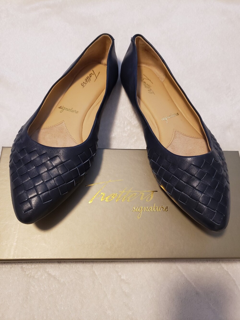 9W Trotters Navy Woven Pointed-Toe Flats